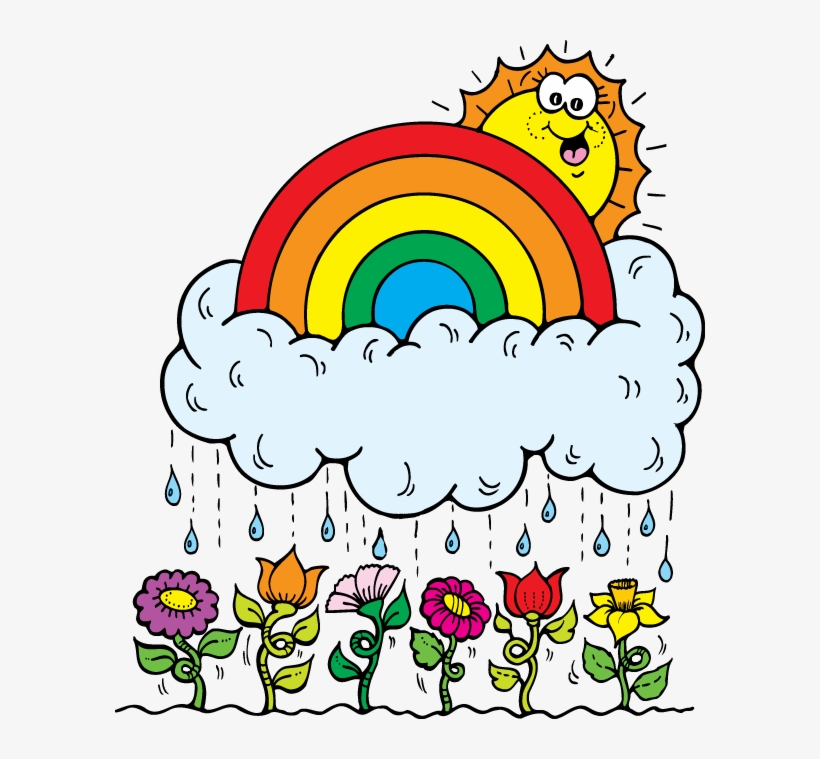 Cheerful Weather Clipart: Sun, Rainbow, and Flowers in the Rain