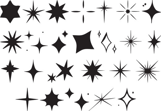 Collection of black star and sparkle shapes on white background.
