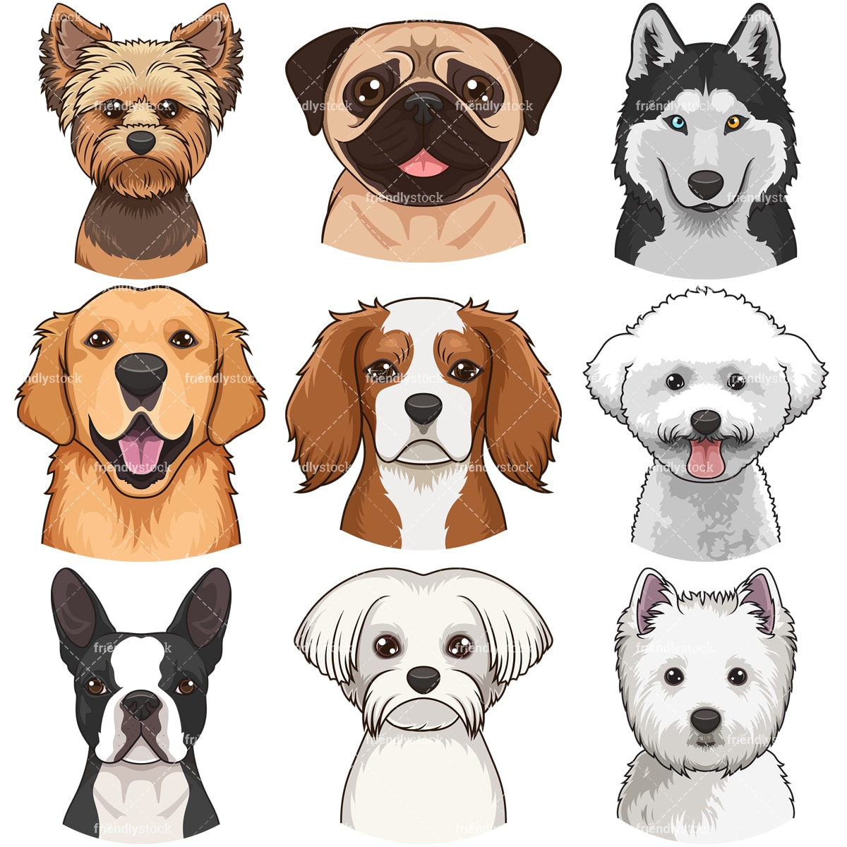 Vector Illustration Set of 9 Popular Dog Breeds