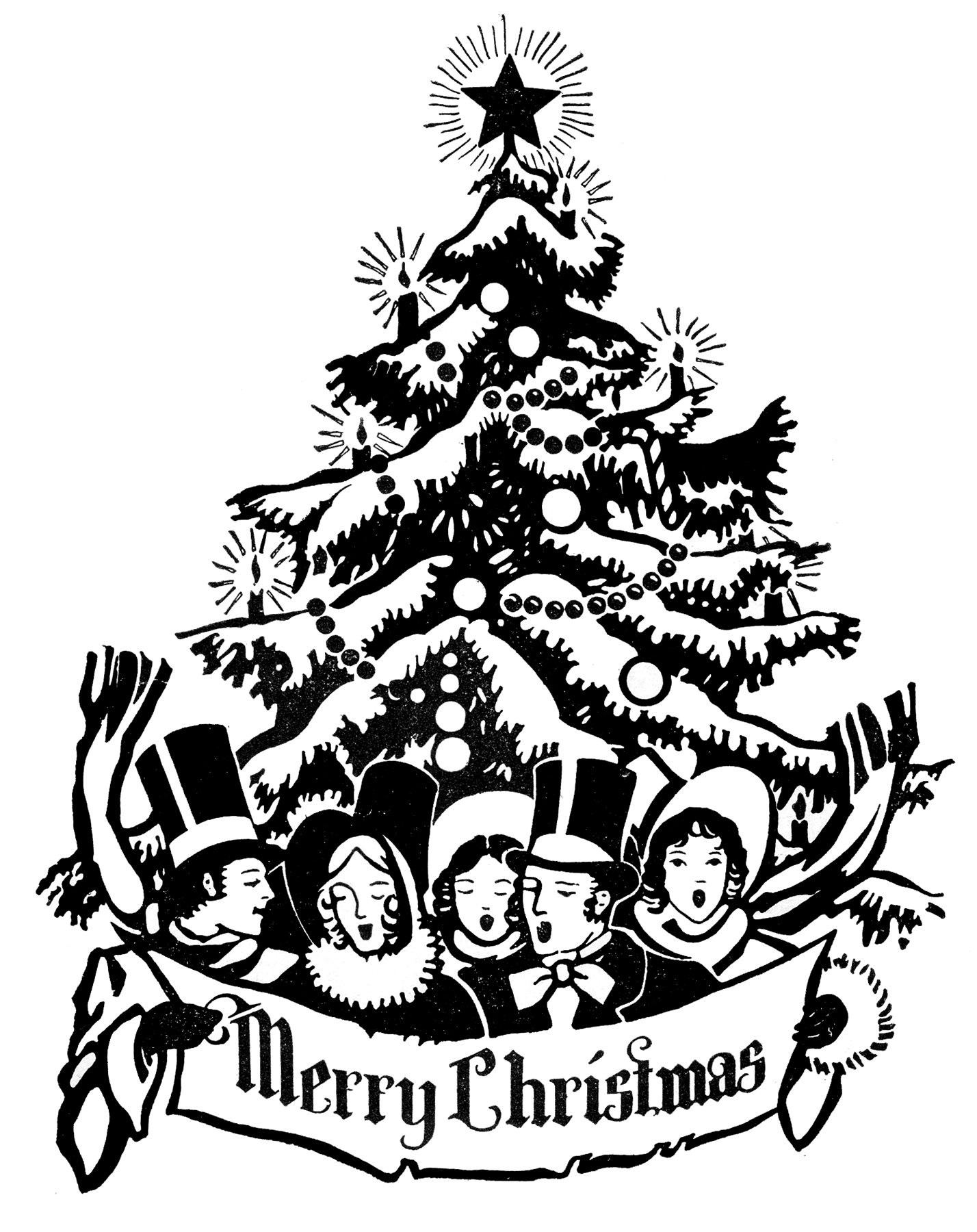 Vintage Christmas Carolers and Tree Illustration | Classic Holiday Art