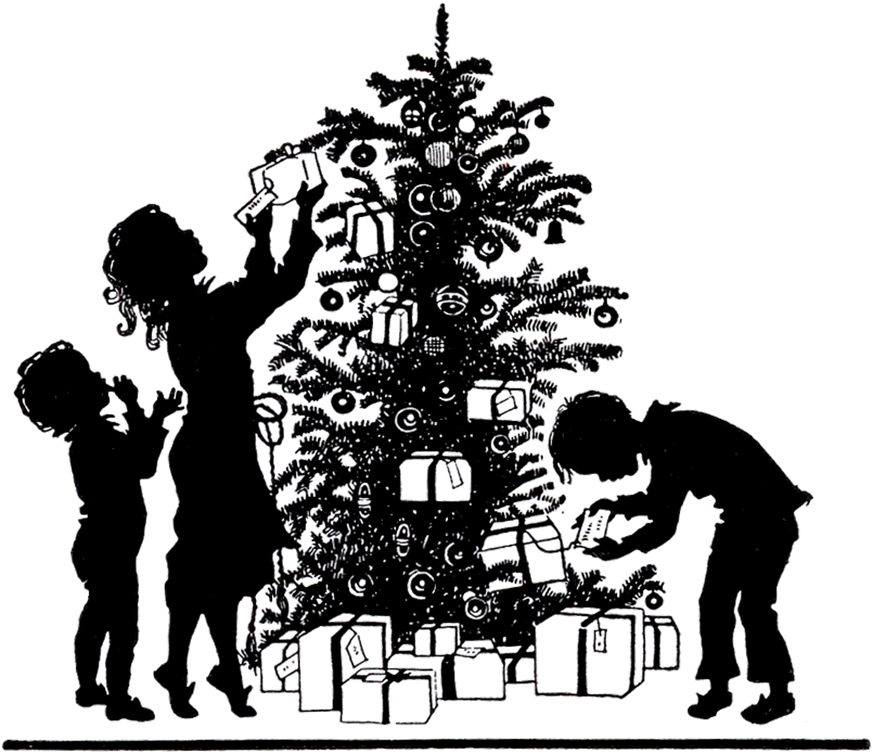 Vintage Family Decorating Christmas Tree Silhouette Clip Art