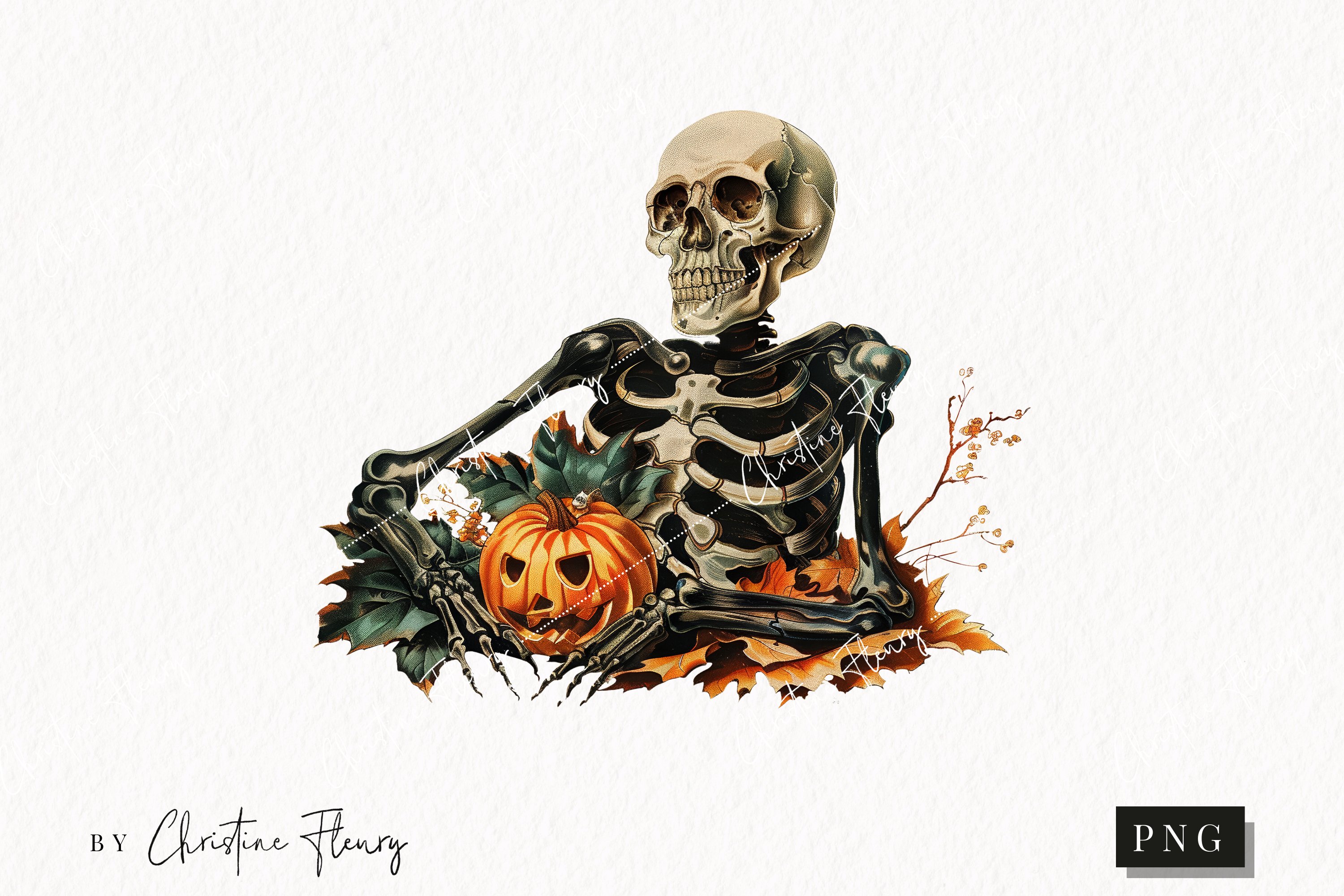 Vintage Skeleton with Jack-o'-Lantern and Autumn Leaves Illustration