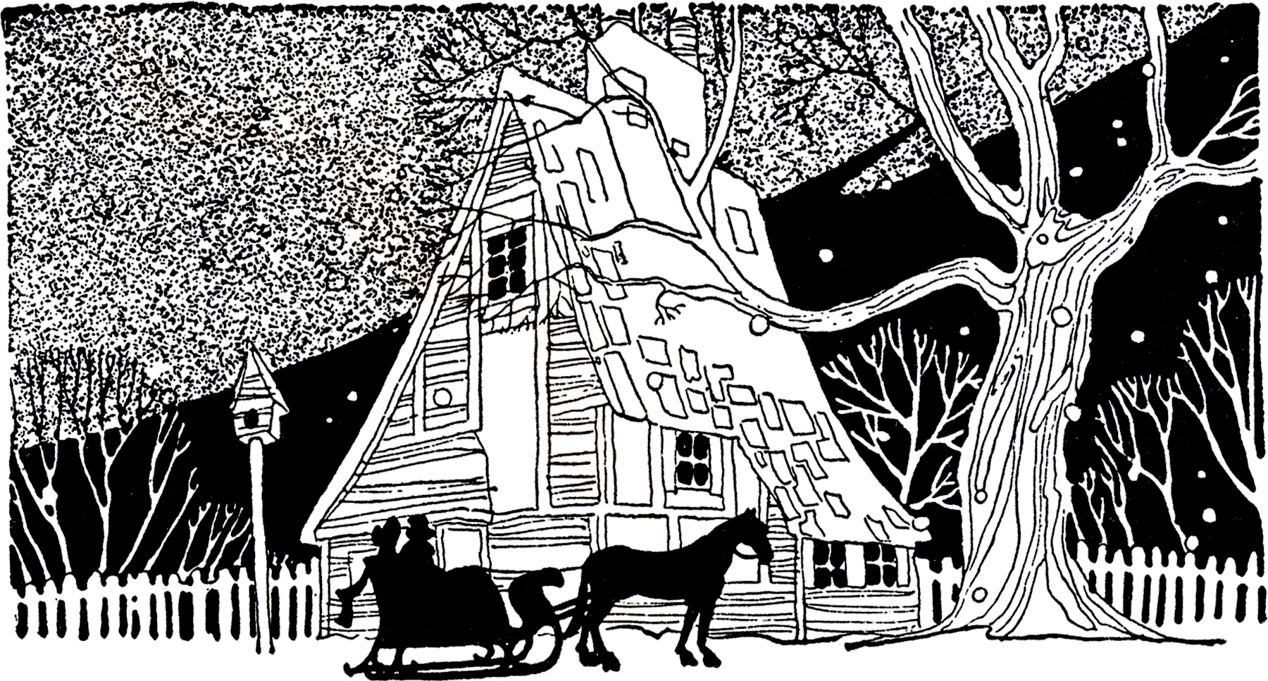 Vintage Winter Sleigh Ride Illustration | Black and White Woodcut Art