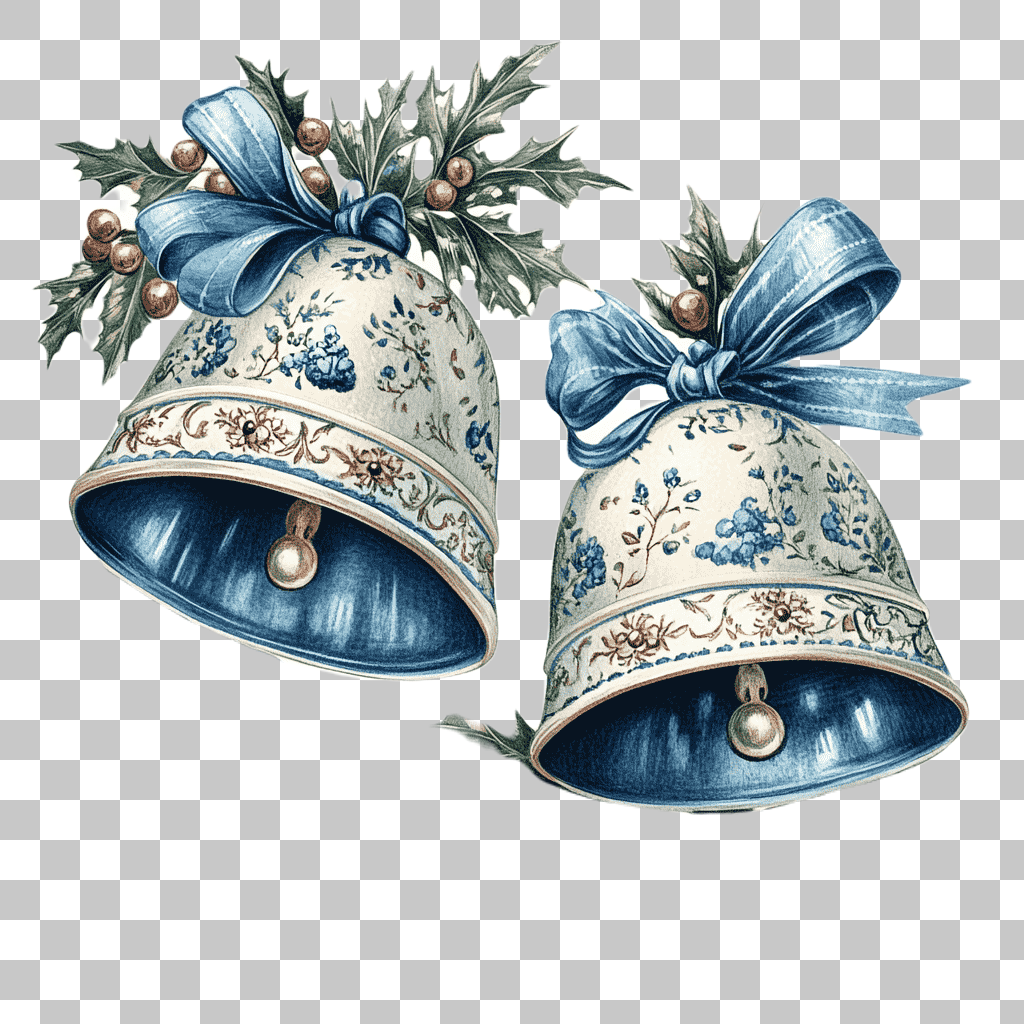 Vintage Blue and White Floral Christmas Bells with Holly Illustration
