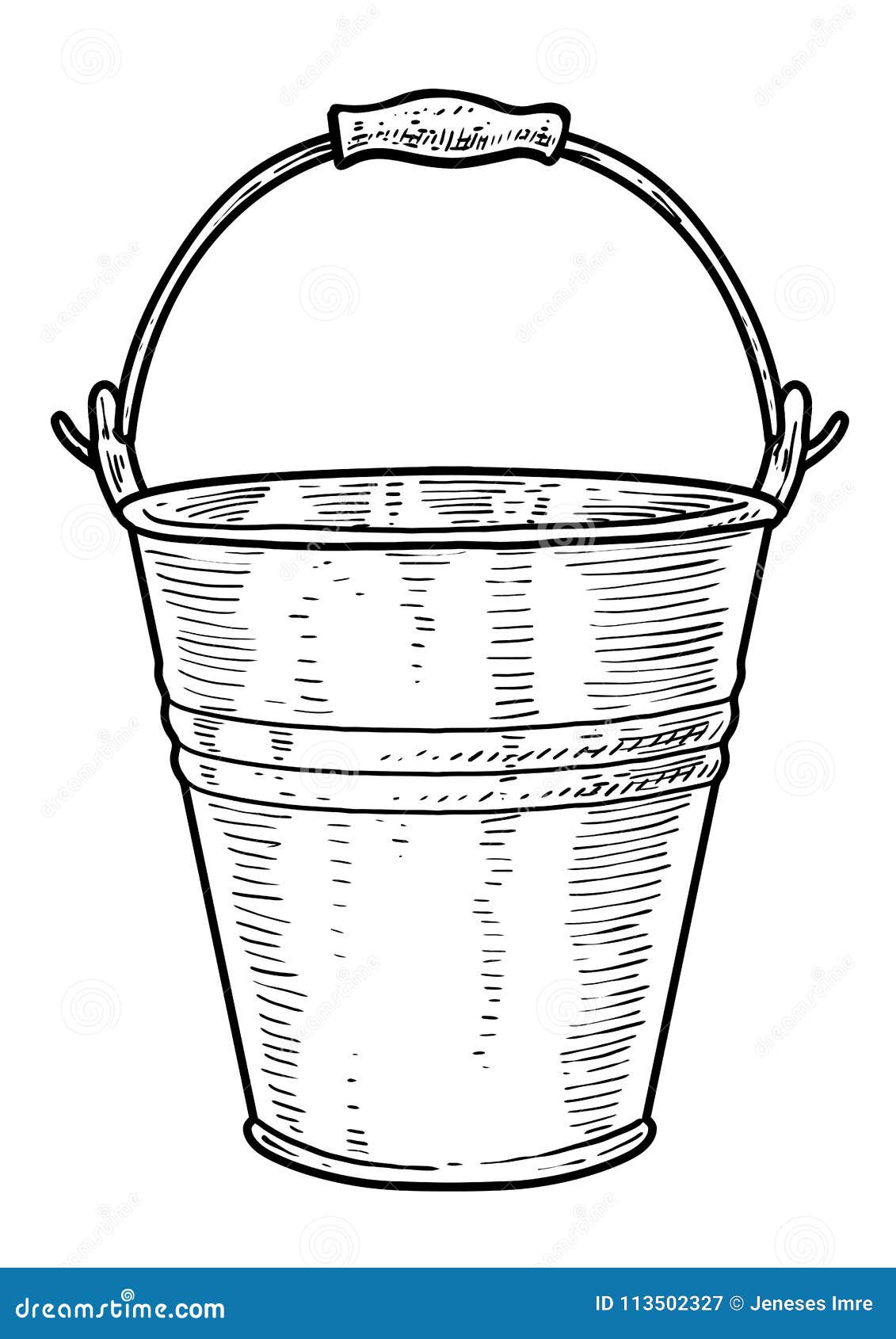 Black and white line drawing of a vintage bucket with a curved handle and wooden grip.