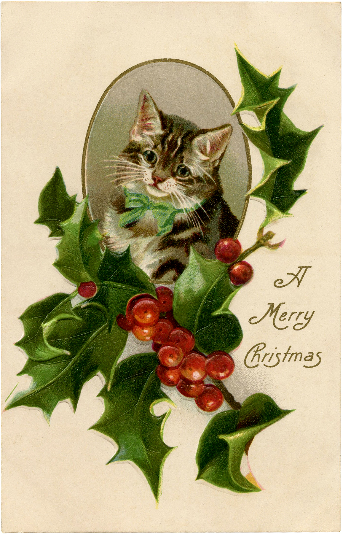 Vintage Christmas Card with Cute Kitten and Holly | Retro Holiday Greeting