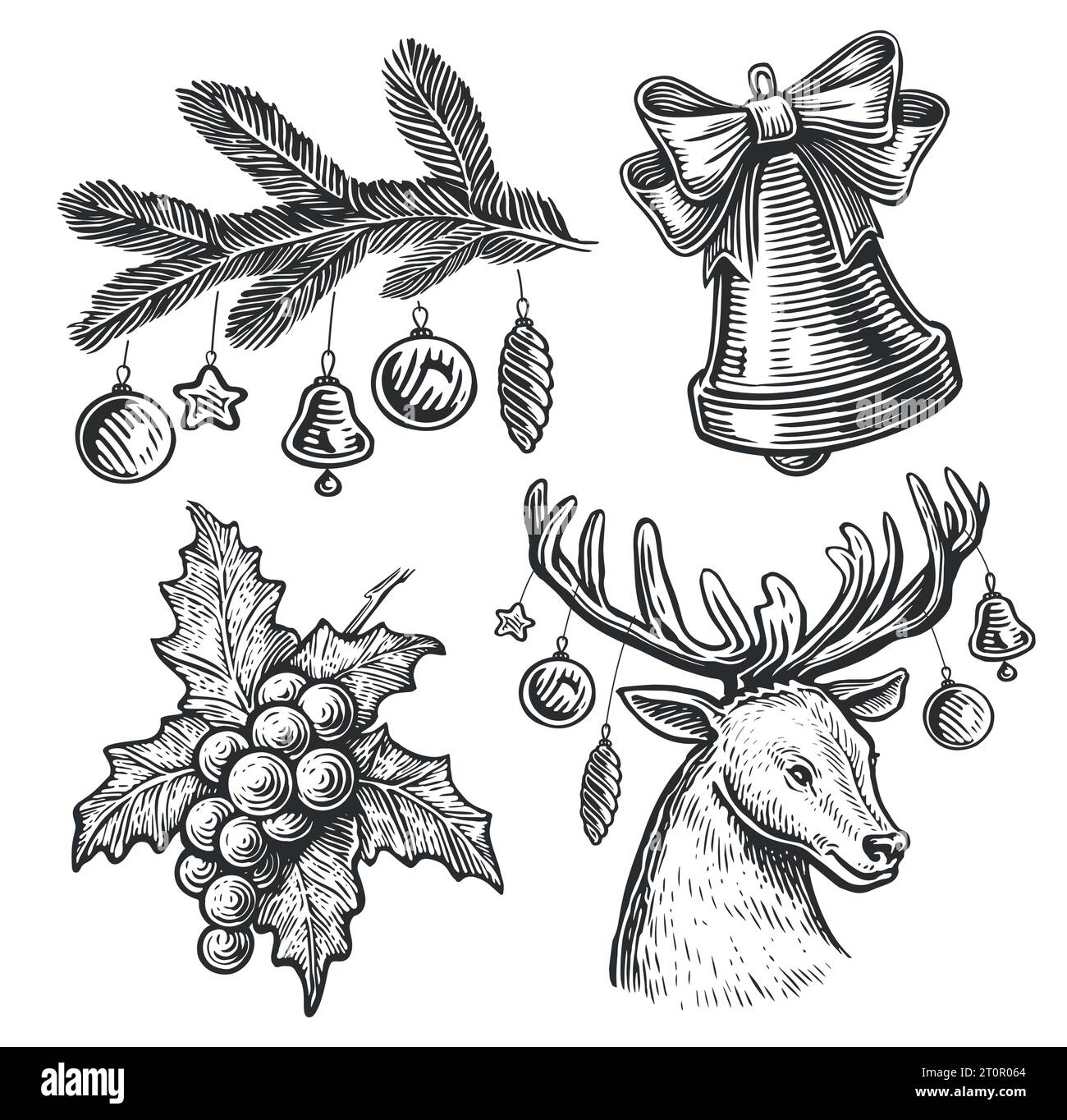 Vintage Christmas Illustrations Set: Bells, Reindeer, and Holly