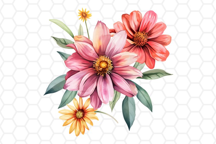 Watercolor Dahlia and Daisy Floral Bouquet Illustration