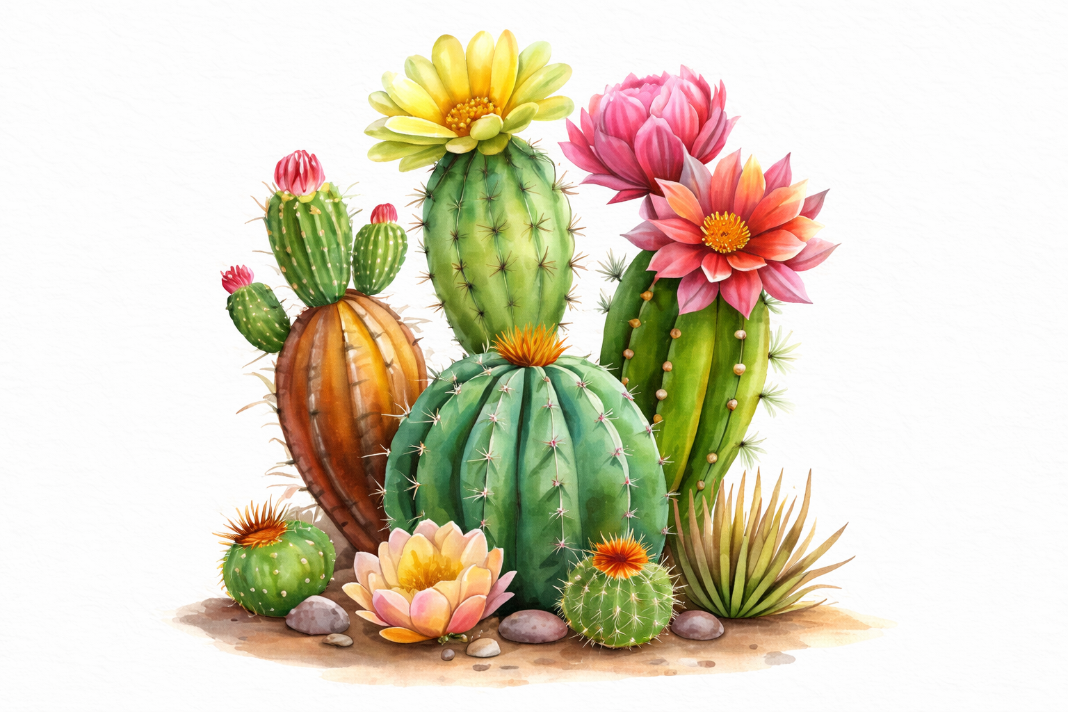 Vibrant Watercolor Cactus and Succulent Garden Illustration