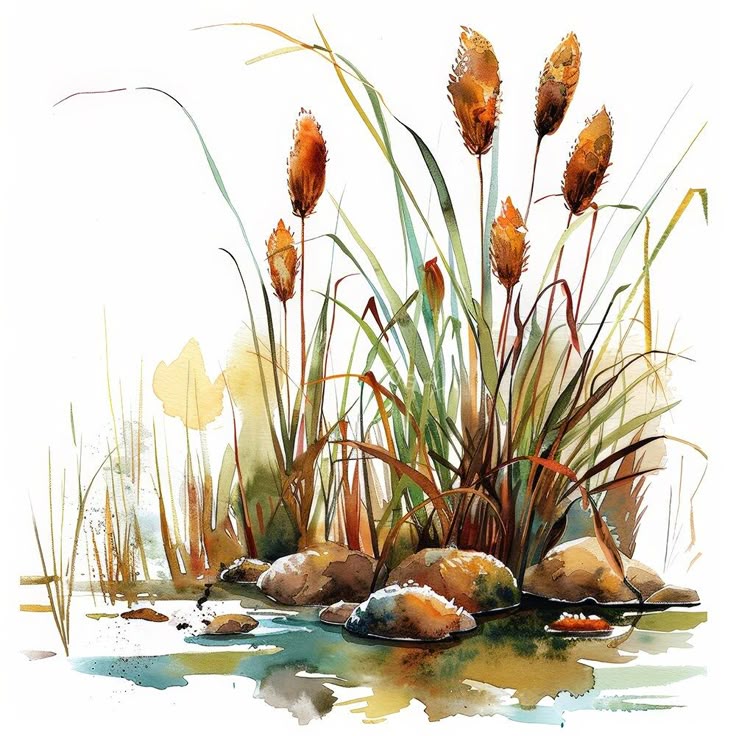 Watercolor Wetland Art: Cattails and Marsh Grasses
