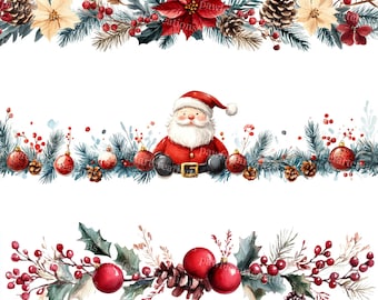 Festive Watercolor Christmas Banner with Santa Claus and Holiday Decorations