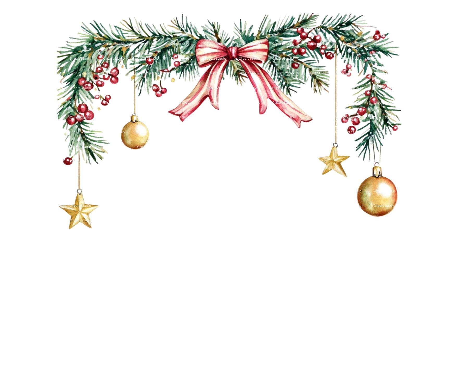 Watercolor Christmas Garland with Gold Ornaments and Bow