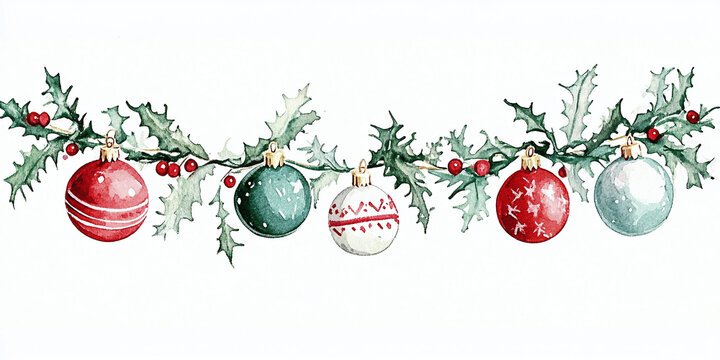 Watercolor Christmas Garland with Holly and Ornaments Clipart