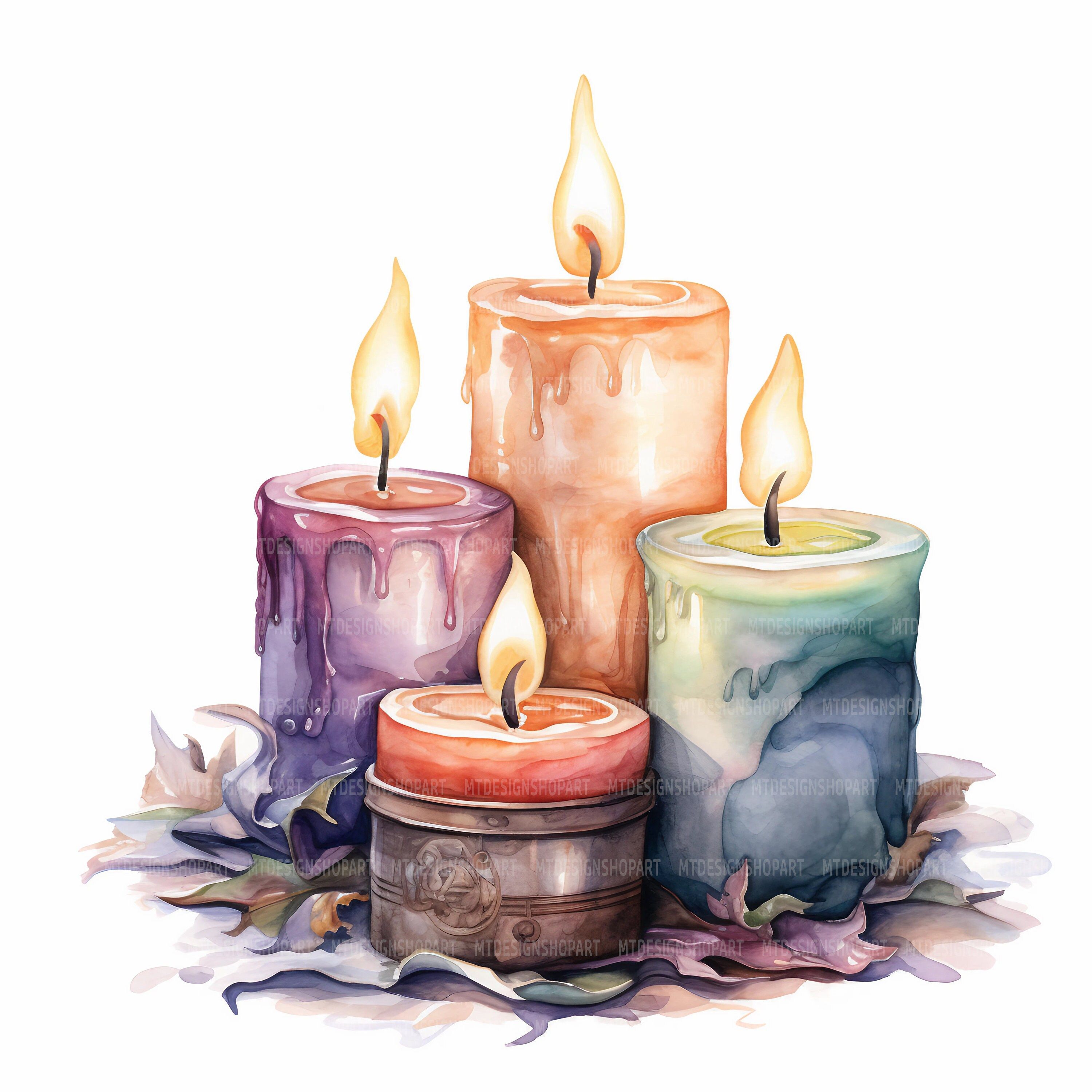 Watercolor Illustration of Four Lit Candles with Dripping Wax