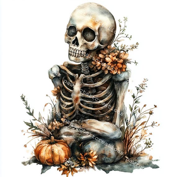 Watercolor Skeleton with Autumn Flowers and Pumpkin Art