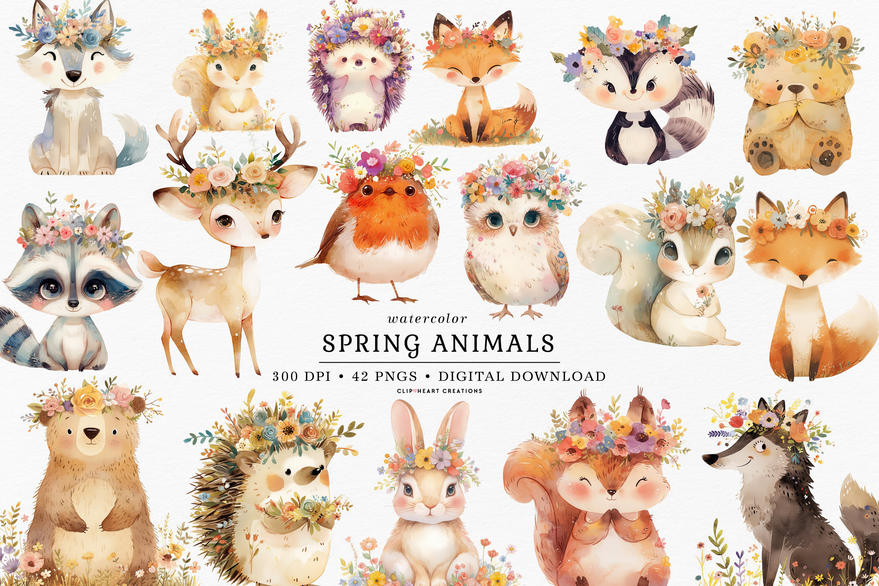 Cute watercolor spring animals clipart collection featuring woodland creatures like foxes, bears, and rabbits wearing floral crowns.