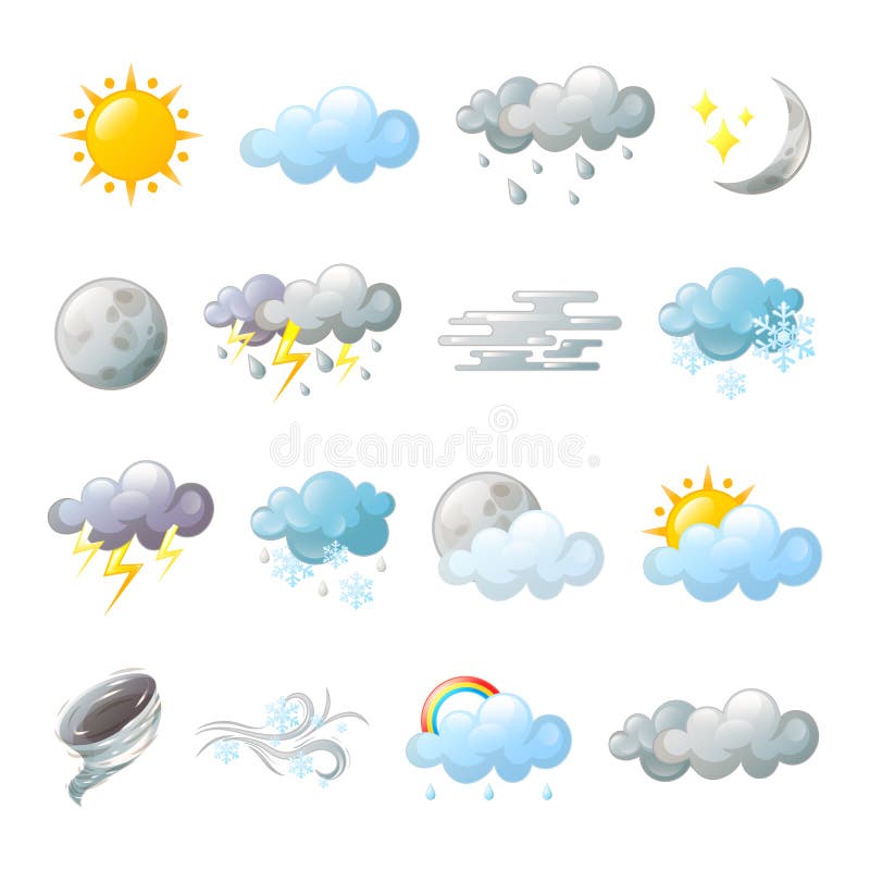 Collection of sixteen colorful weather icons including sun, clouds, rain, snow, lightning, and moon phases on a white background.