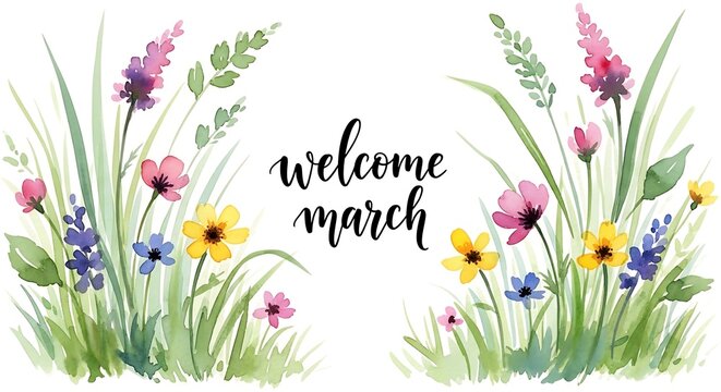 Watercolor floral illustration with pink, yellow, and blue wildflowers framing the text "welcome march".