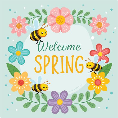 "Welcome Spring" text surrounded by a colorful wreath of flowers and three cartoon bees on a light blue background.