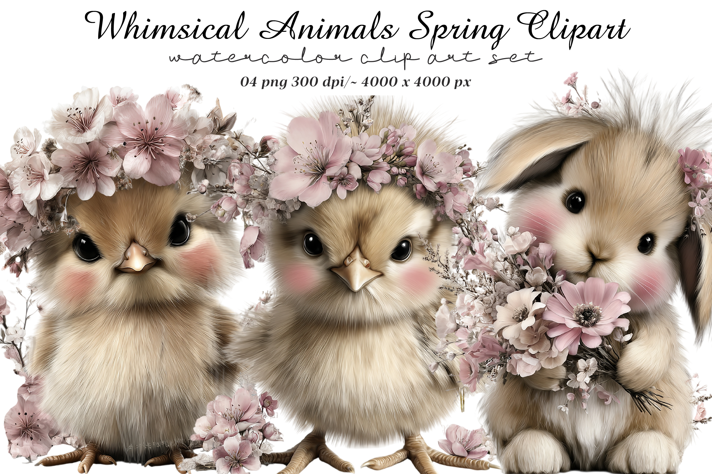 Whimsical Spring Animals Watercolor Clipart Set - Chicks & Bunny
