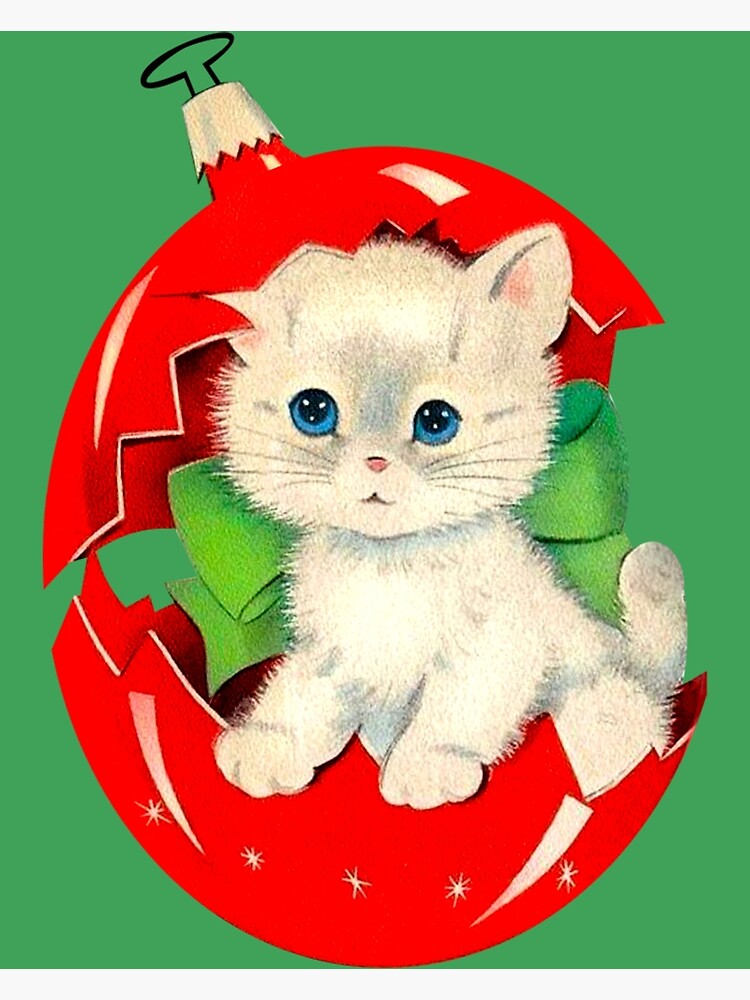 Cute White Kitten Emerging from a Broken Red Christmas Ornament
