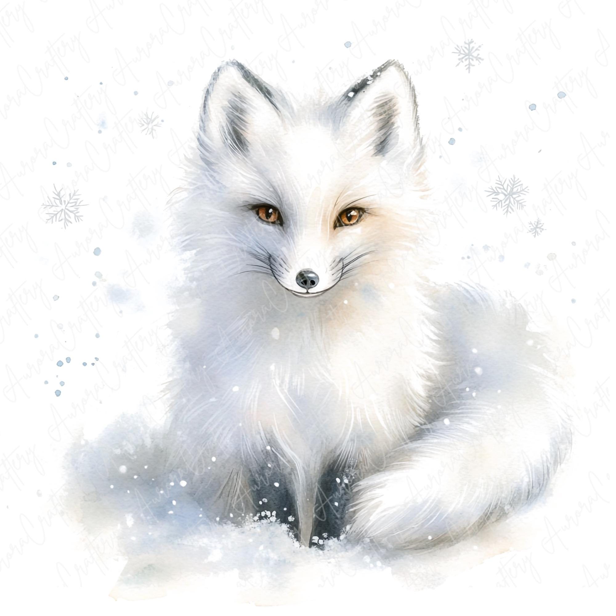 Beautiful Watercolor Arctic Fox in Snow - Winter Animal Art