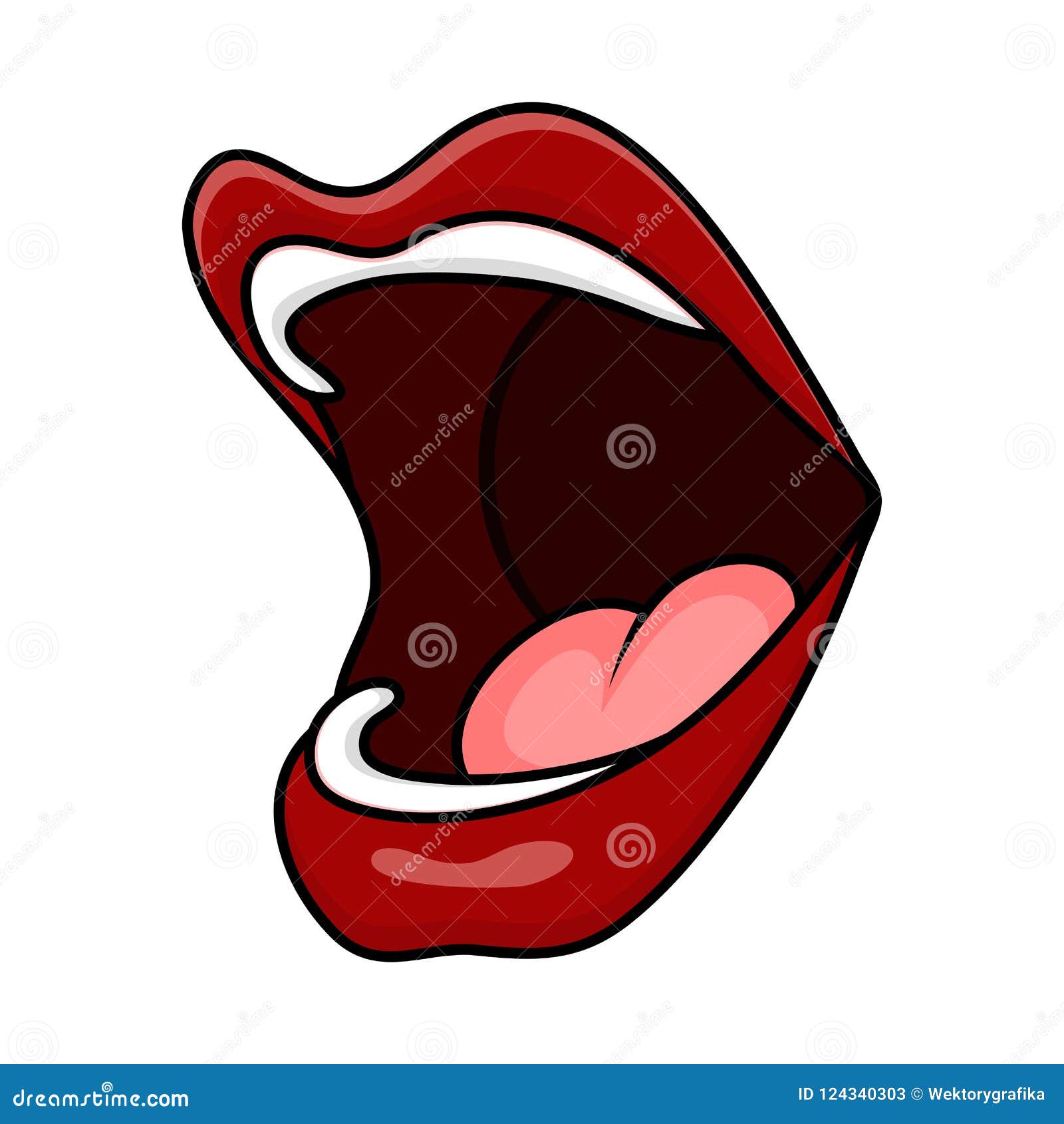 Cartoon illustration of a wide open mouth with red lips shouting or screaming.