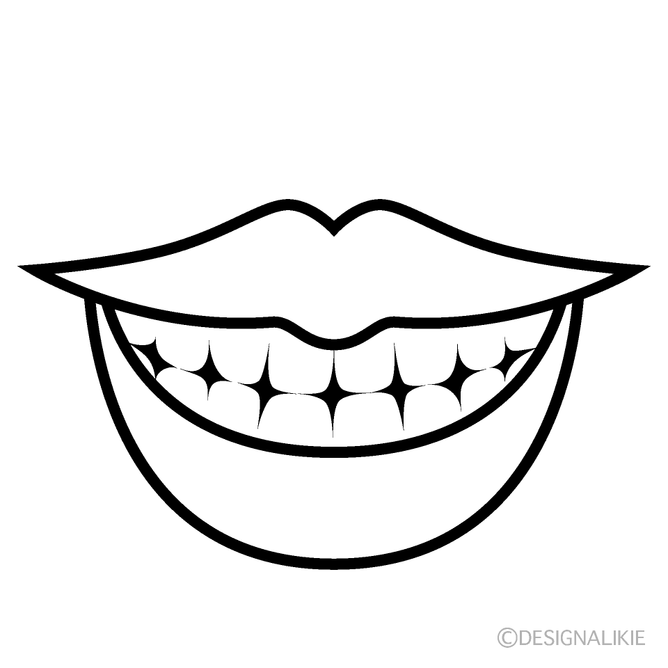 Black and white line art of a wide open mouth smiling with visible teeth.