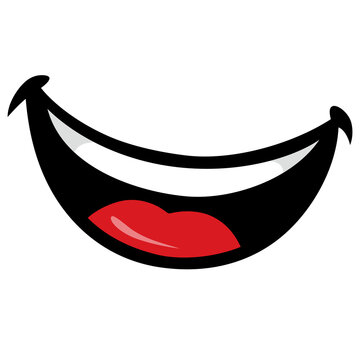 Stylized vector illustration of a wide open smiling mouth with white teeth and red lips.