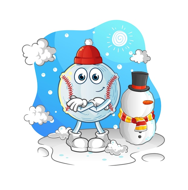 Winter Baseball Mascot Cartoon Character with Snowman Illustration