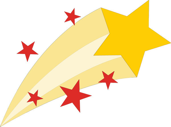 Yellow shooting star with a trail surrounded by small red stars.