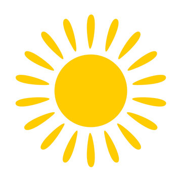 Bright yellow sun icon with radiating rays on white background