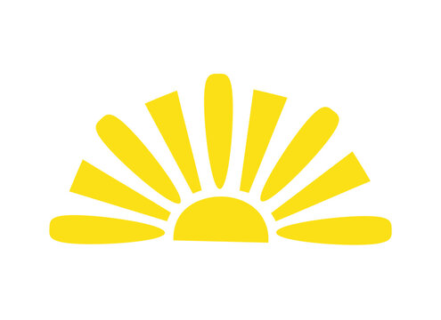 Simple yellow vector illustration of a sunrise with sunbeams.