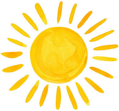 Bright yellow watercolor sun illustration with radiating rays on white background