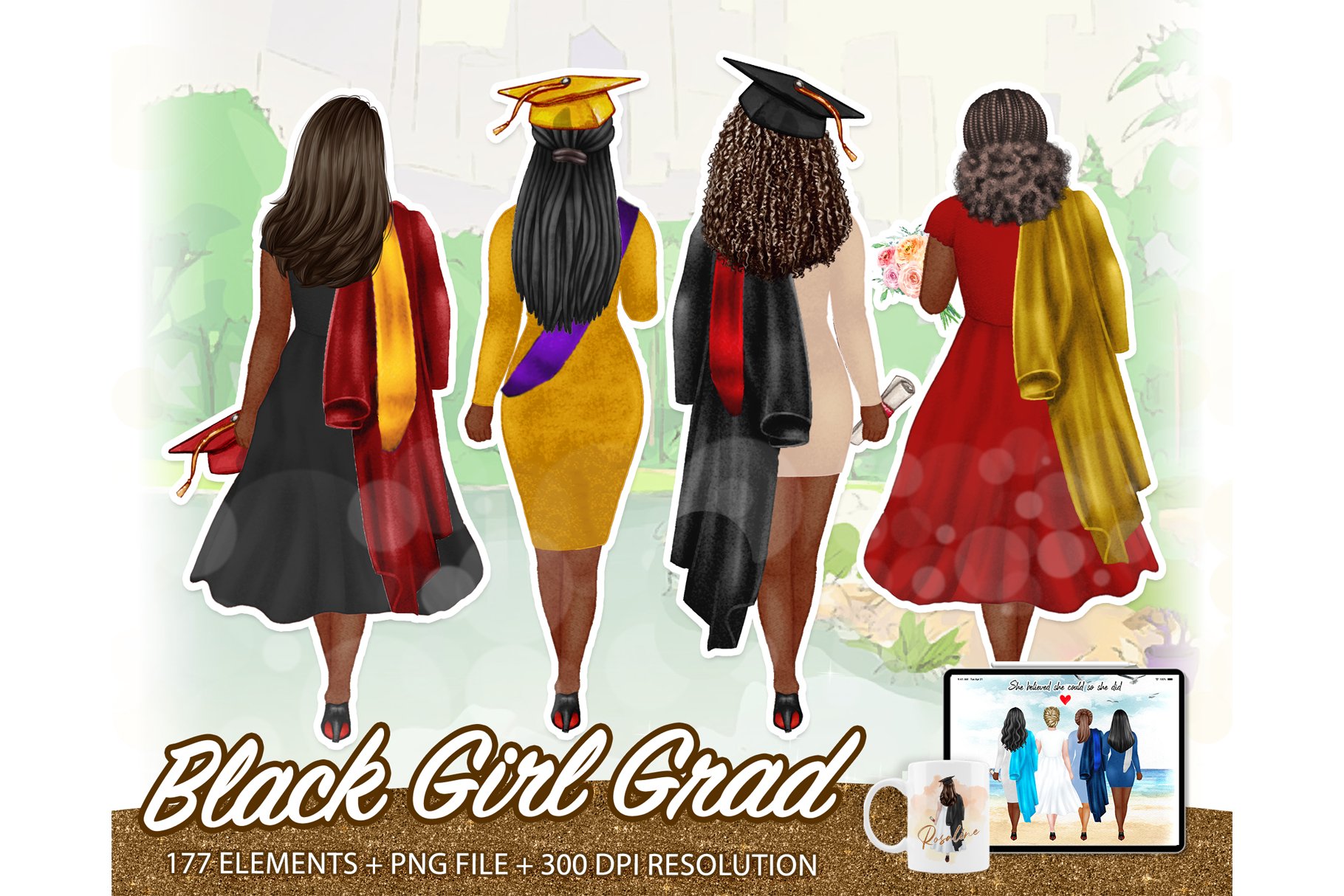 Graduation Clipart, 2022 cute graduate girls with cape and scroll