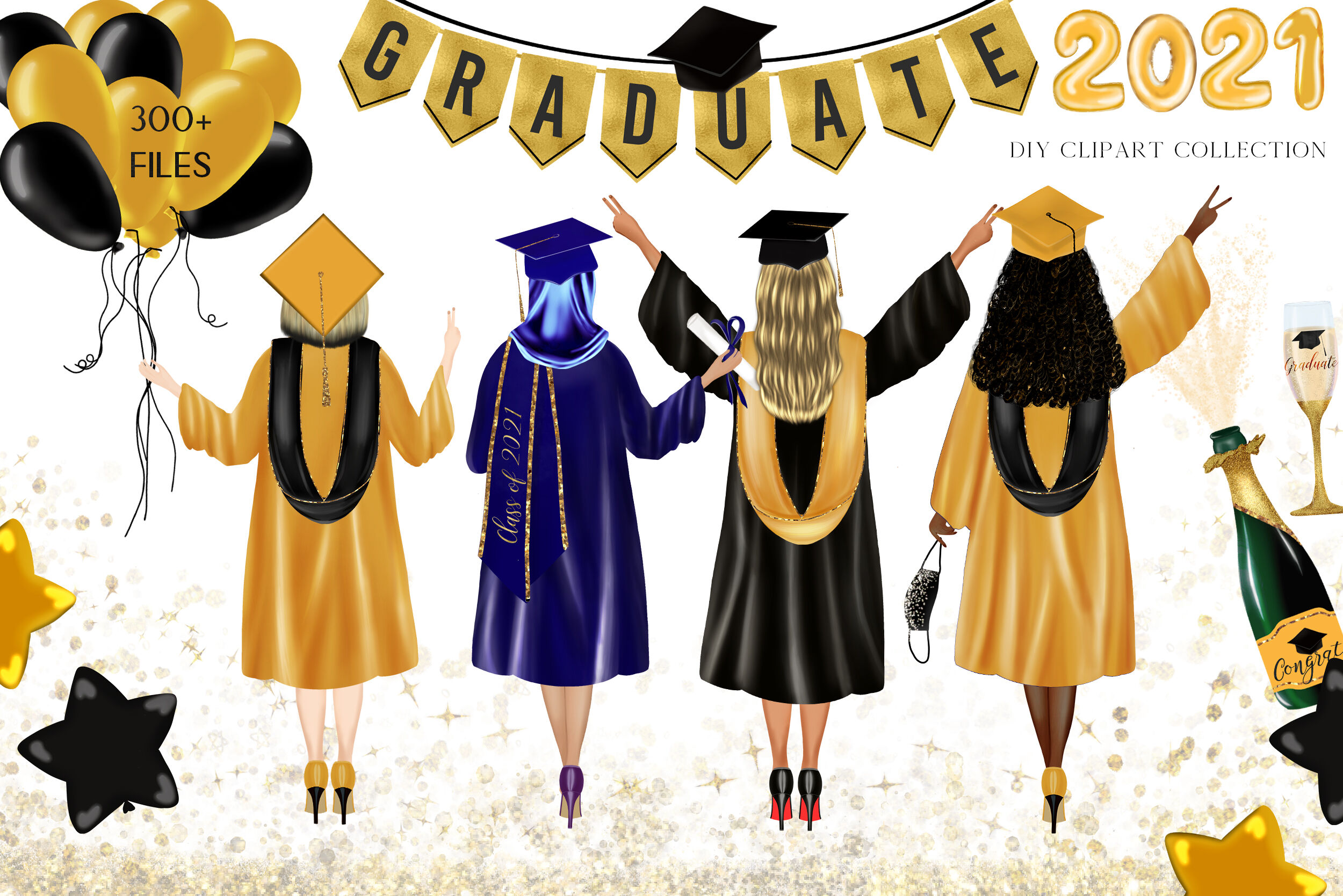Graduation Clipart 2022 Cute Graduate Girls With Cape And Scroll