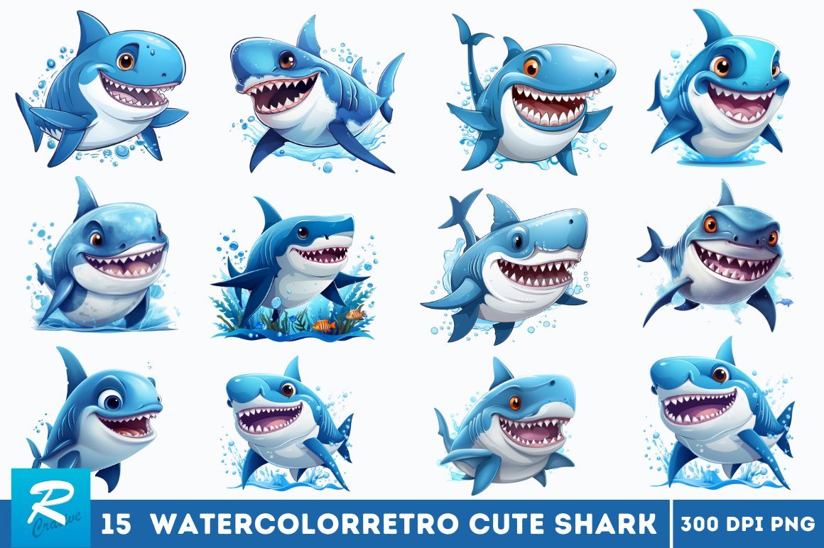 watercolor Cute Shark clipart Bundle, Cute Shark PNG - Clip Art Library