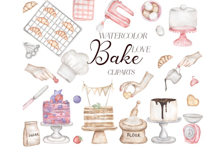 Watercolor baking supplies clipart Hand drawn bakery logo design DIY  Cooking culinary digital clip art Pink pastel kitchen utensils