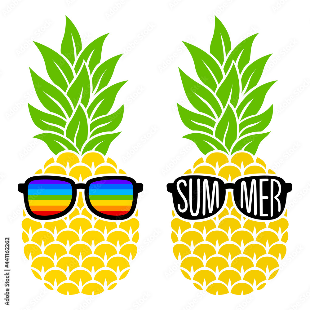 Cute Pineapples Boy And Girl Wearing Sunglasses. Summer Pineapple