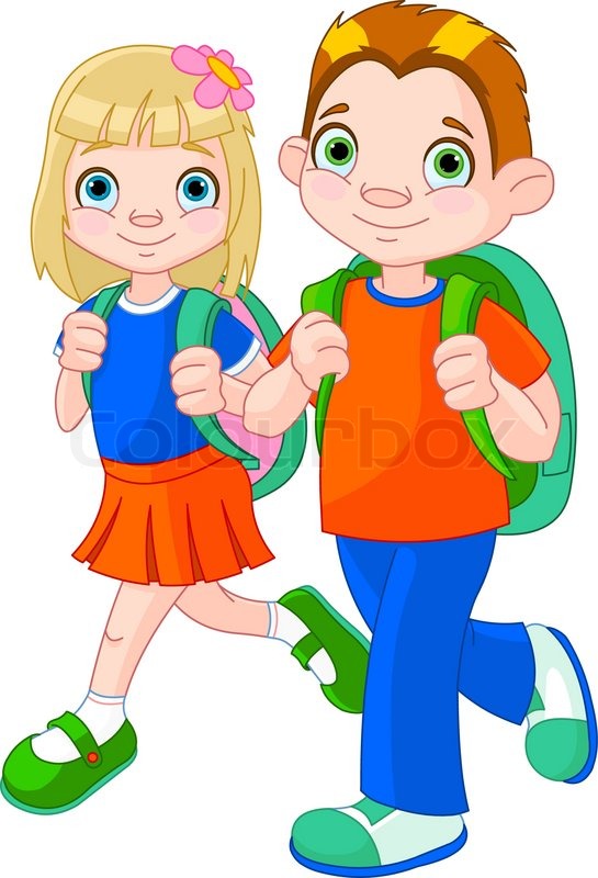 Elementary School Clip Art Children Students Walking to School with  Backpack - Clip Art Library