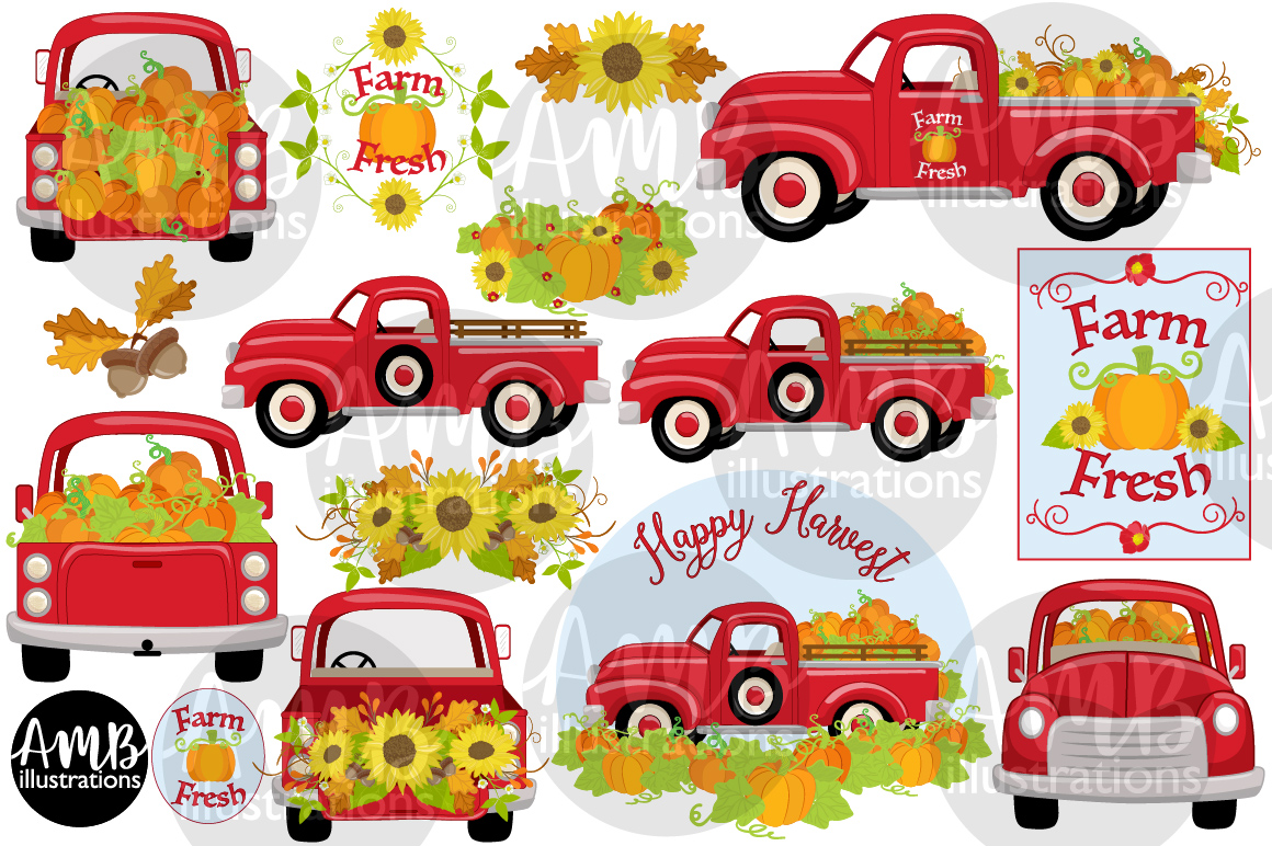 Old Truck Watercolor Clipart, Vintage Old Red Farm Truck,farming Farmer 