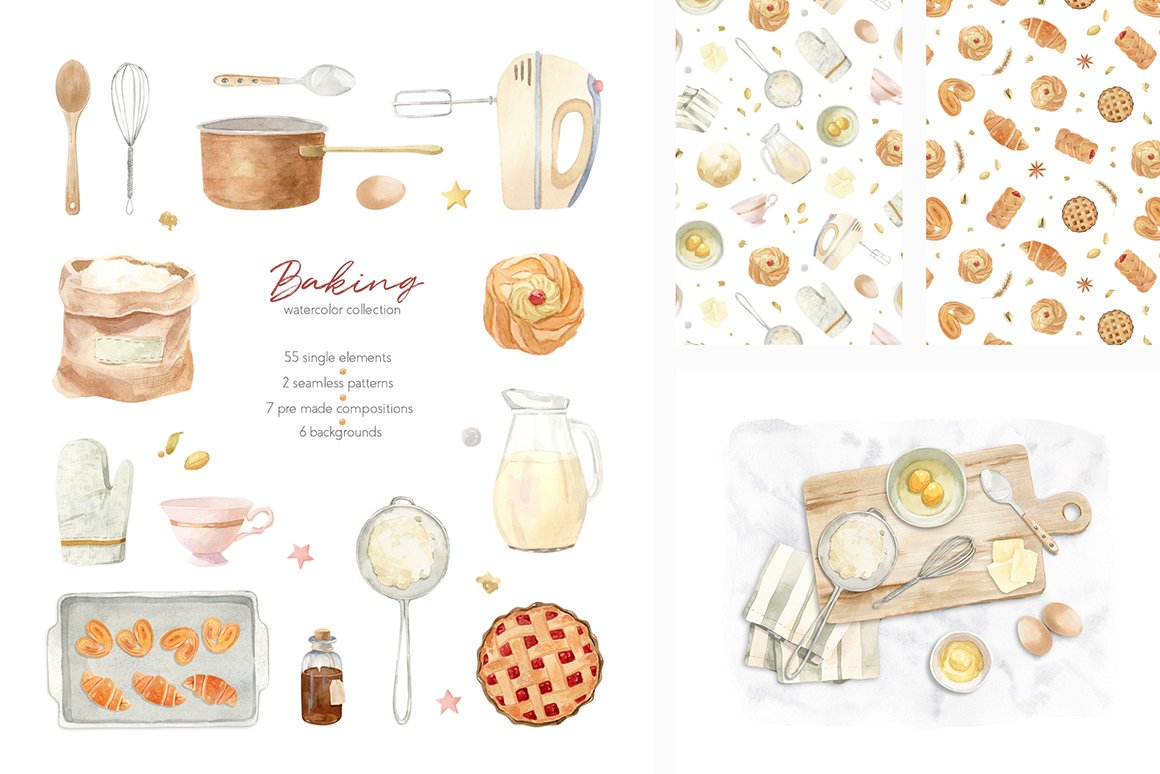 Watercolor clipart baking supplies, home bakery, (1799784)