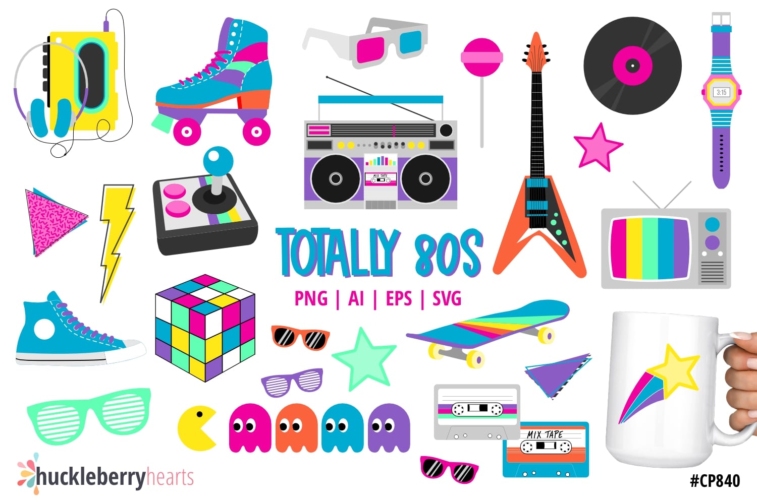 80s Clipart, Neon 80s Clipart Bundle, Roller Skates Clipart, 1980 ...