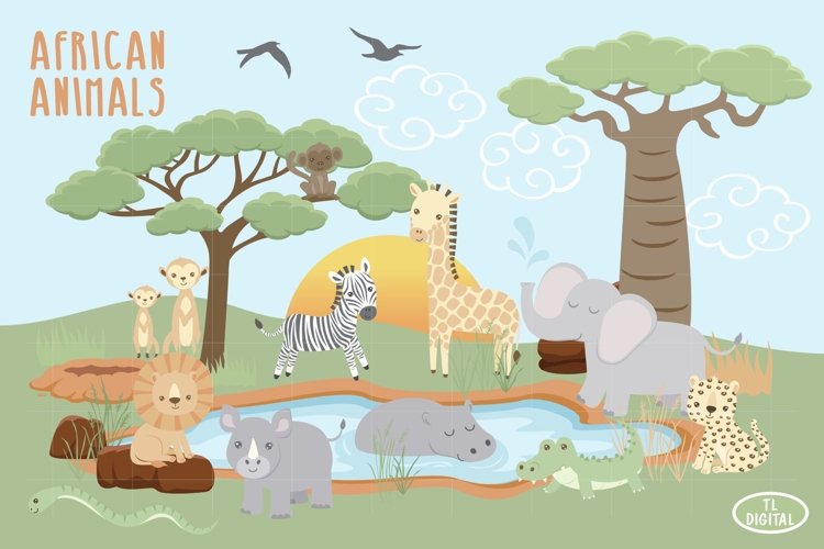 Wild animals in savannah forest on white background illustration 