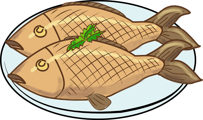Cartoon fish plate. Grilled sea food dish