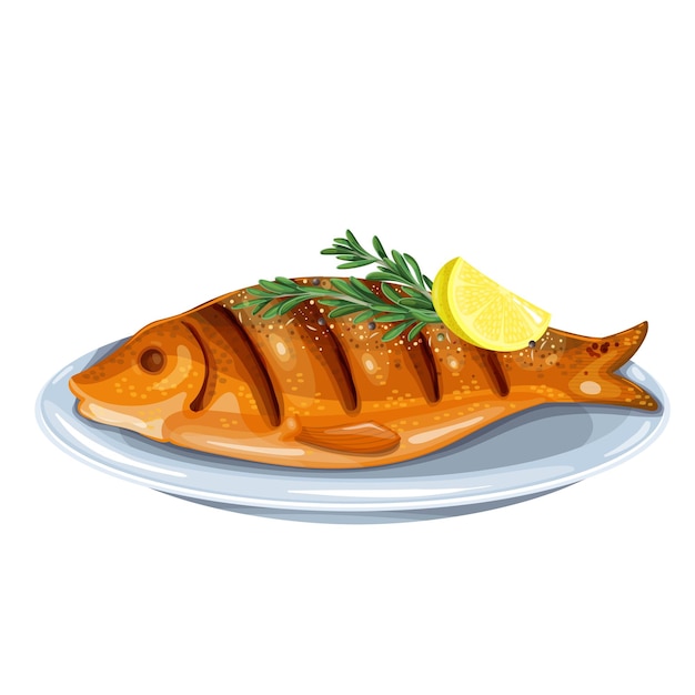 Cartoon fish plate. Grilled sea food dish