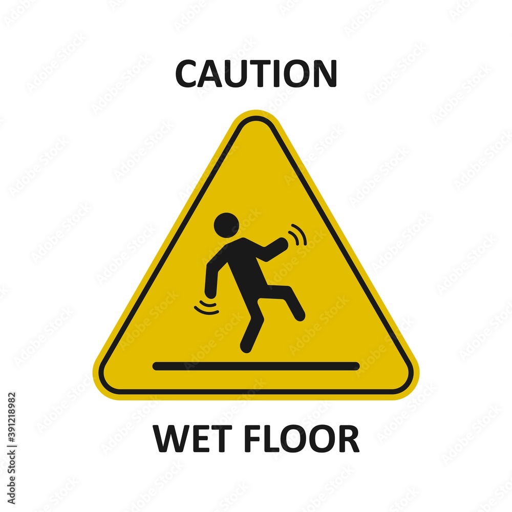 Cartoon caution wet floor sign on the nameplate in flat style in Clip Art Library