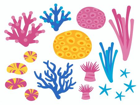Cute blue underwater seaweed cartoon vector illustration motif set 