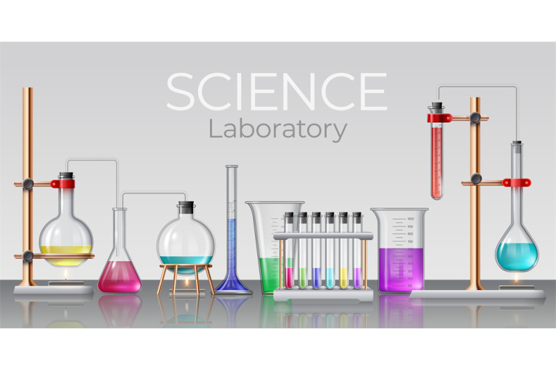 Realistic science laboratory. Chemical lab glassware, beakers - Clip ...