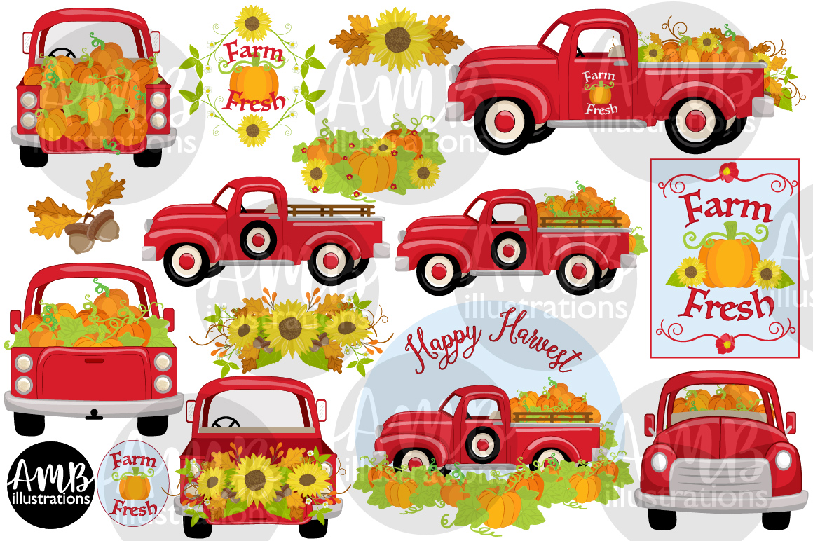 Fall vintage red TRUCK with pumpkins PNG, Watercolor clipart - Clip Art ...